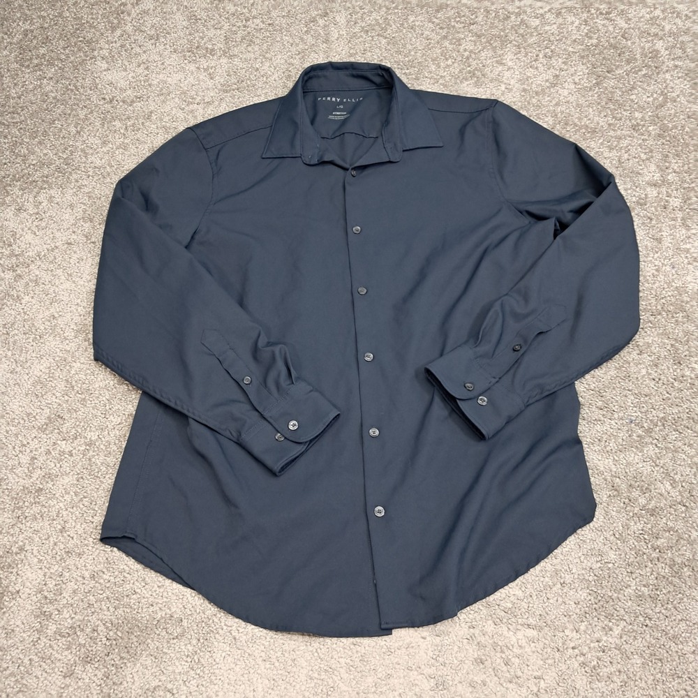 Perry Ellis Mens Navy Blue Stretch Long Sleeve Button Down Shirt Size Large